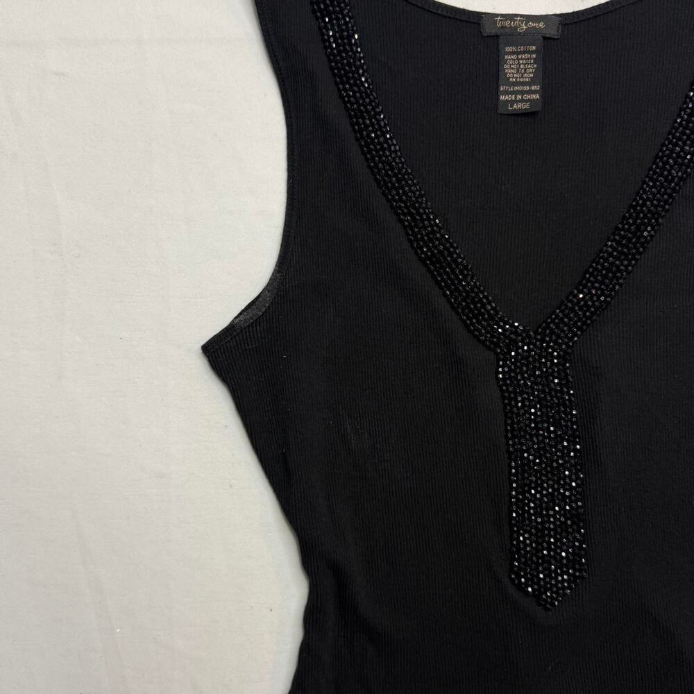 Y2K 2000s Black beaded cotton tank top rhinestone along the neckline size L - Picture 8 of 8
